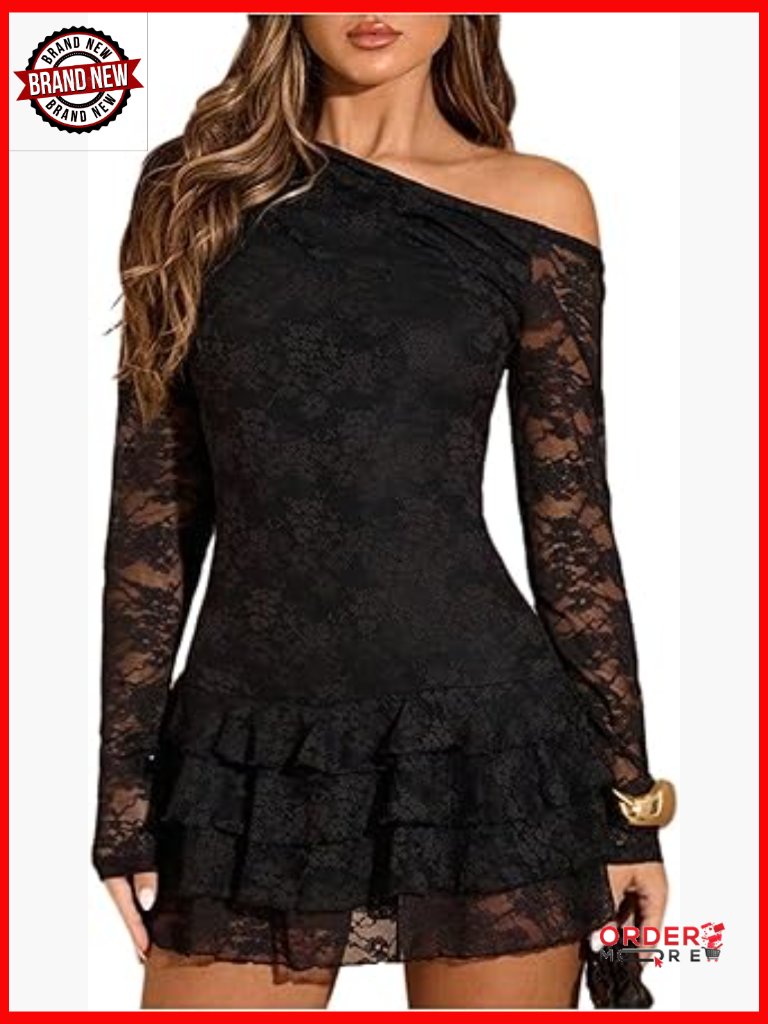 Lace Off Shoulder Mini Dress Ruffle Tiered Long Sleeve Party